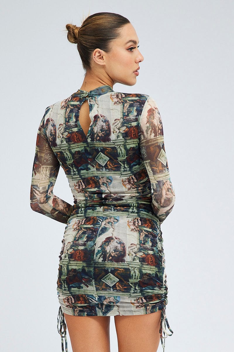 Multi Print Bodycon Dress Ruched Side Long Sleeve Mini - Image 5