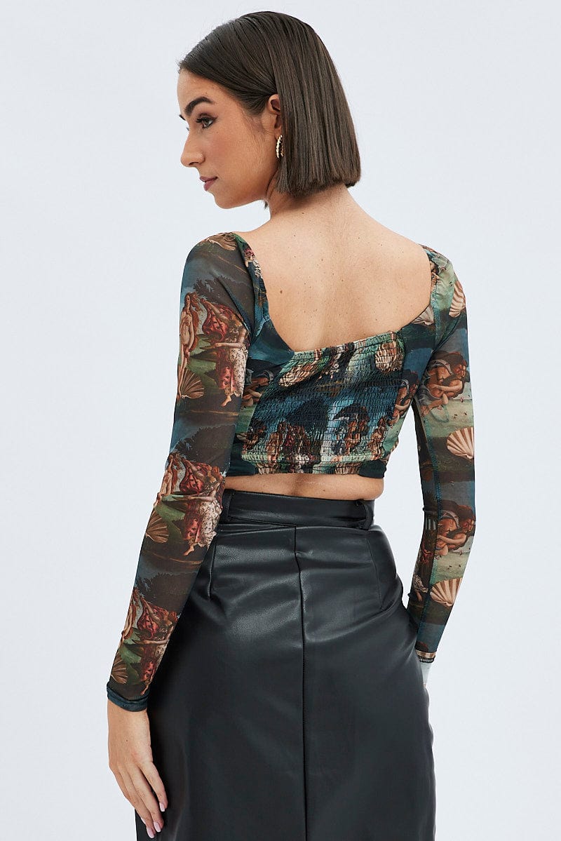 Multi Print Crop Top Long Sleeve Sweetheart Mesh Shirred - Image 5