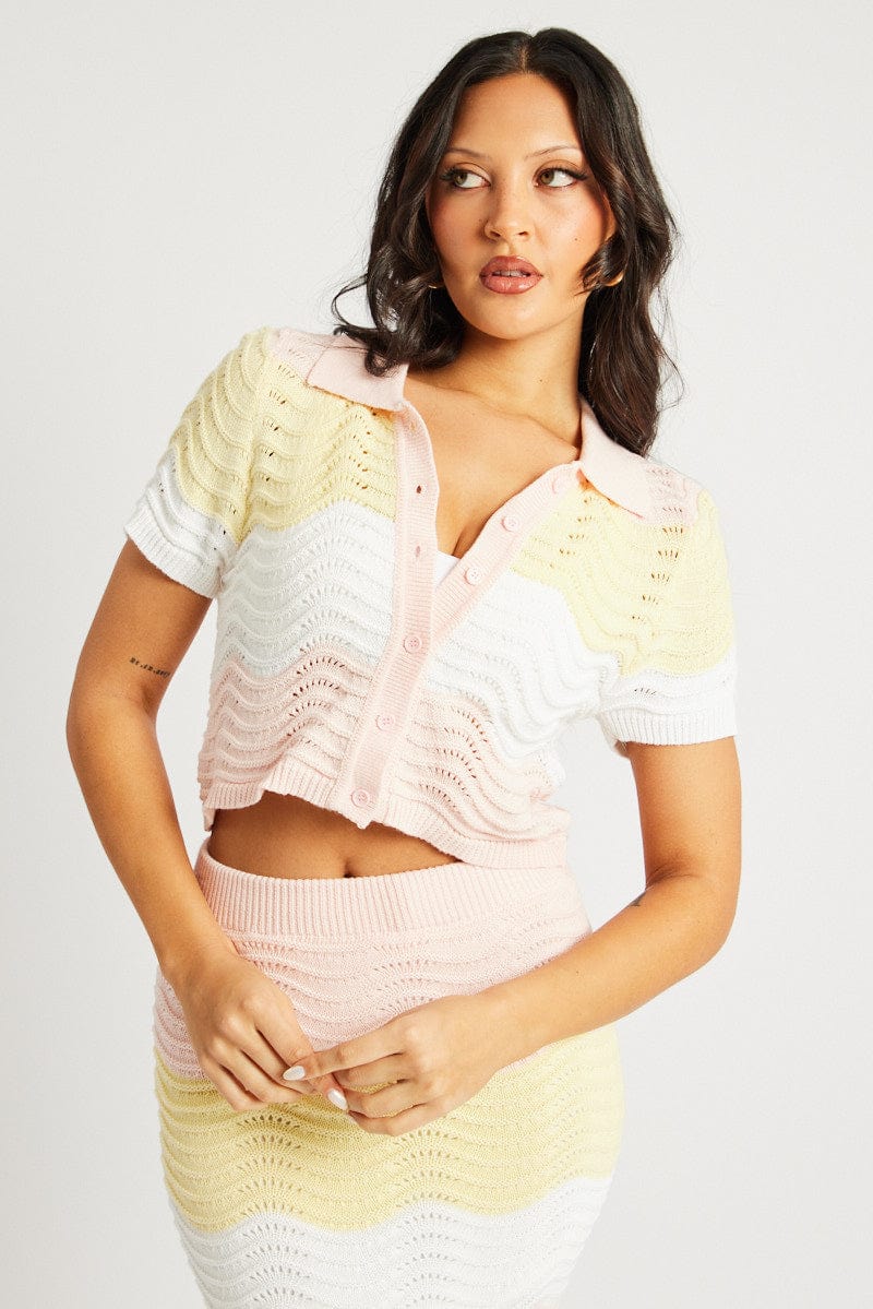 Multi Stripe Crochet Knit Top Collared - Image 3
