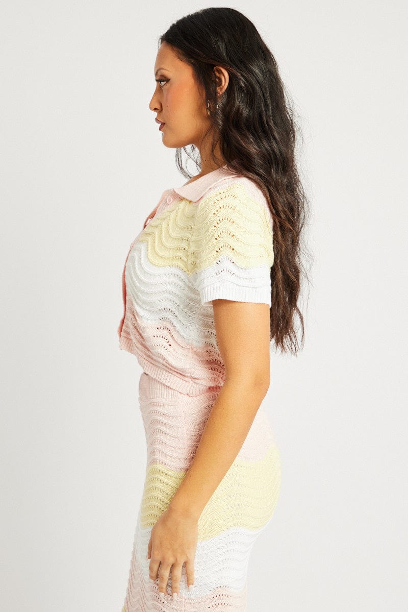 Multi Stripe Crochet Knit Top Collared - Image 4