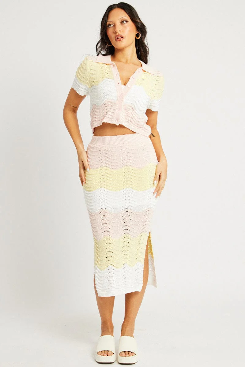 Multi Stripe Knit Skirt Midi Crochet - Image 2