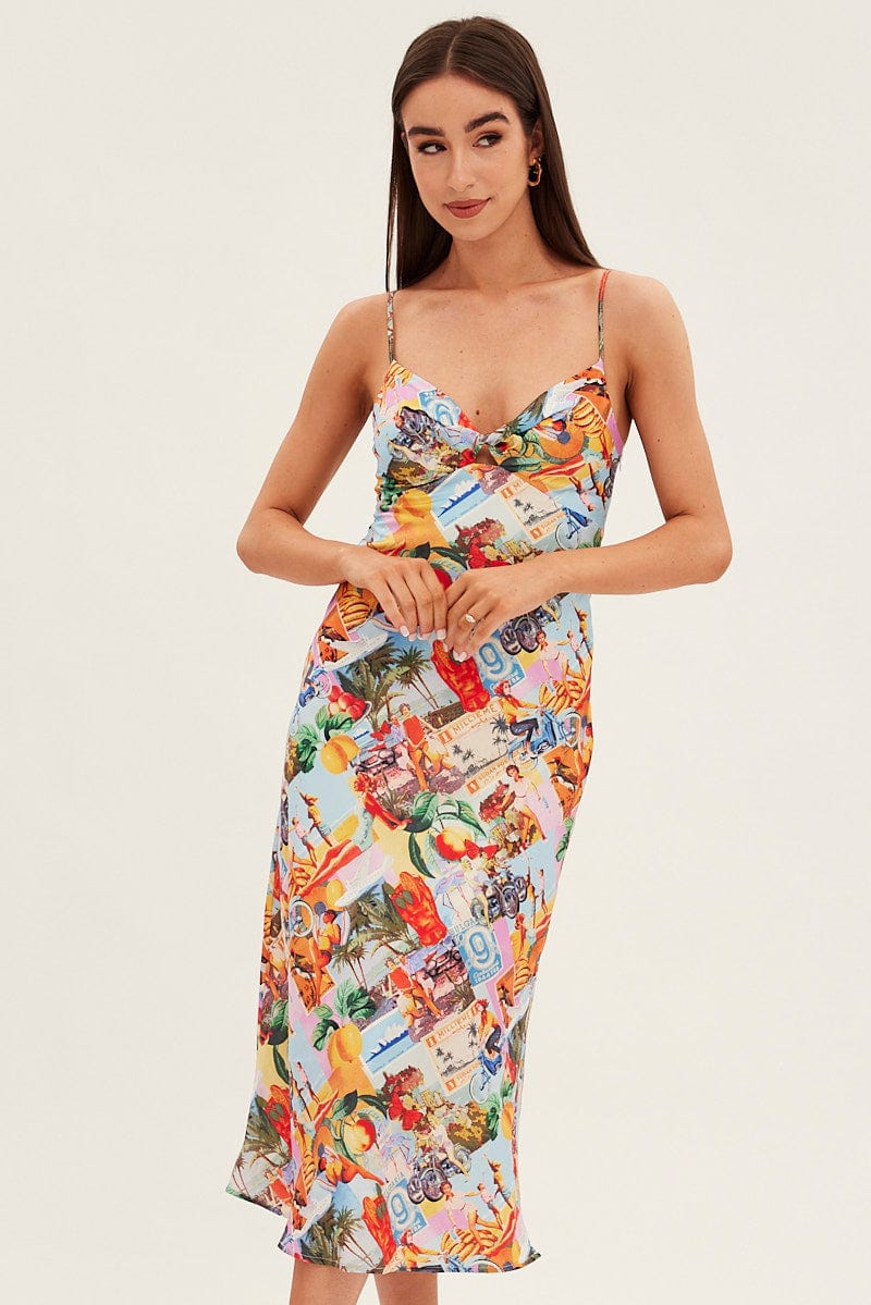 Orange Abstract Slip Dress Satin Midi Postcard Holiday Print - Image 2