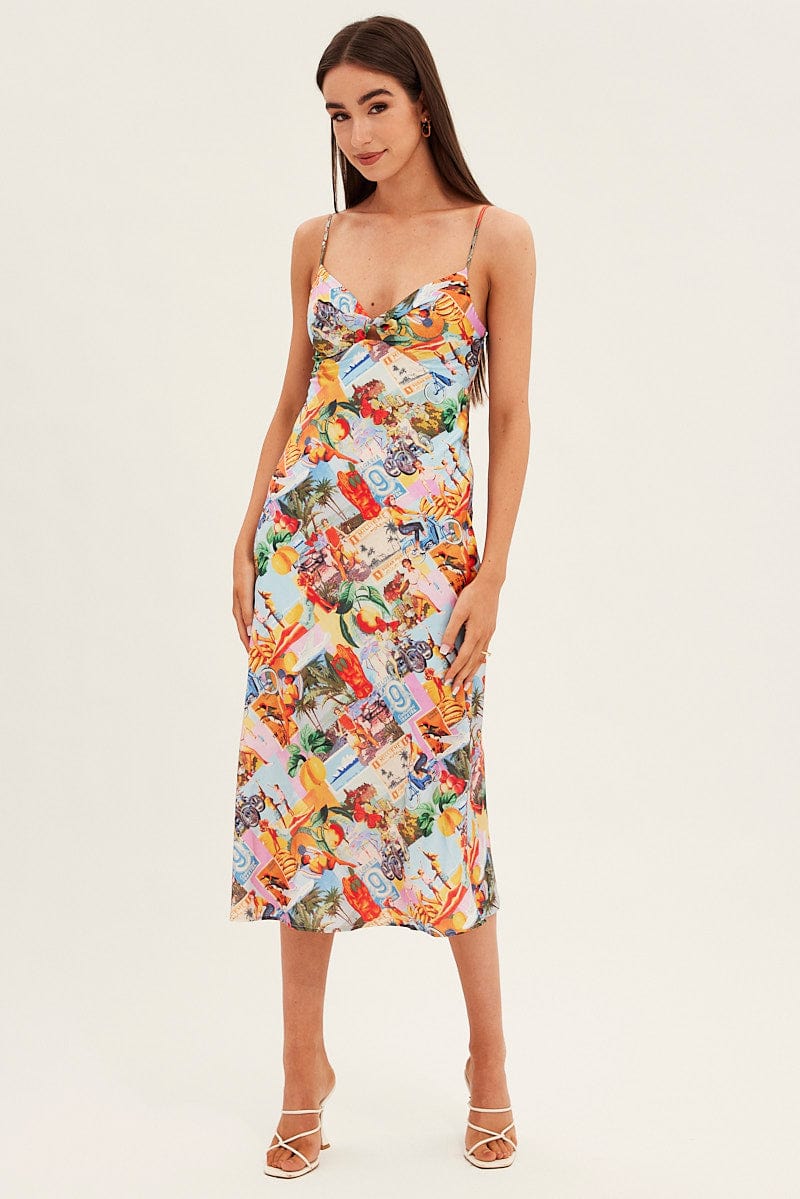 Orange Abstract Slip Dress Satin Midi Postcard Holiday Print - Image 3