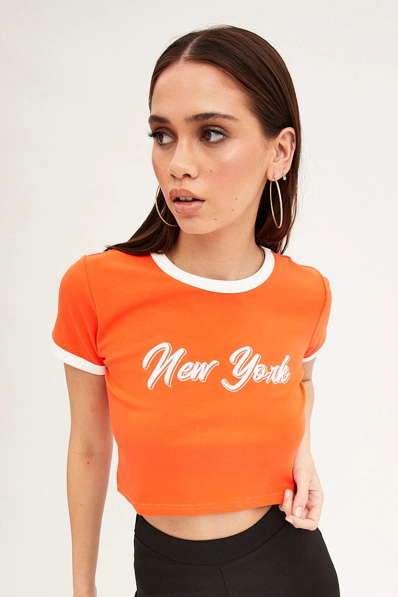 Orange Baby Tee Short Sleeve Crew Neck Crop New York - Image 3