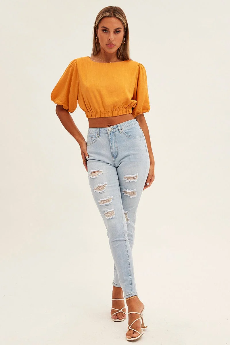 Orange Crop Top Half Sleeve Boat Neck Linen Blend - Image 2
