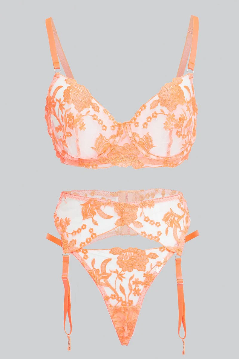 Orange Embroidery Lingerie Set