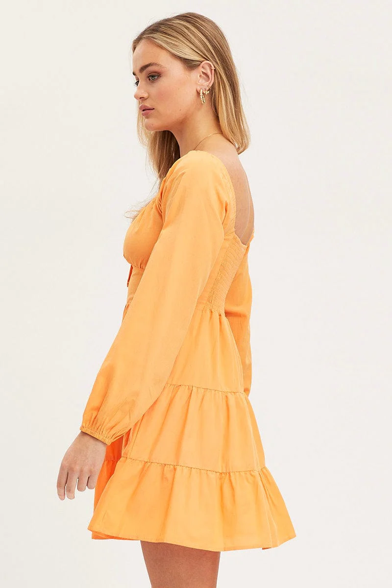 Orange Fit And Flare Dress Long Sleeve Square Neck - Image 4