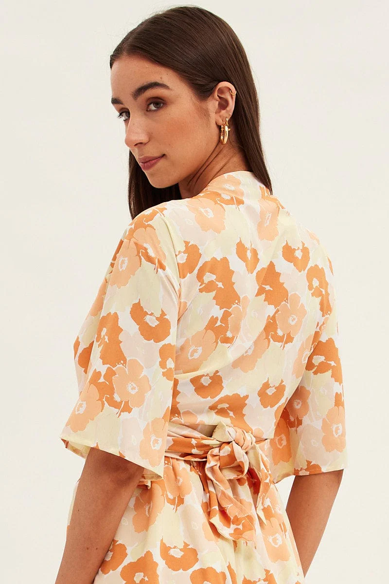 Orange Floral Bolero Top Tie Front Floral Print - Image 5