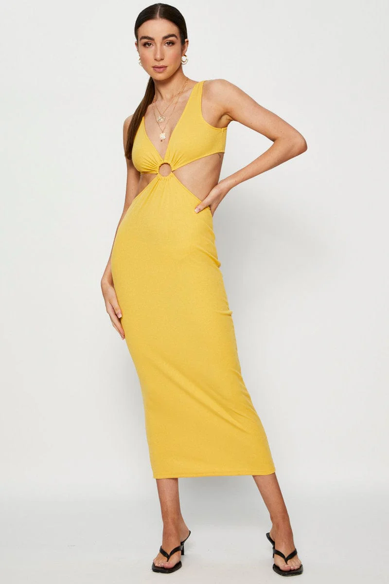 Orange Midi Dress Ribbed Cut Out - Image 3