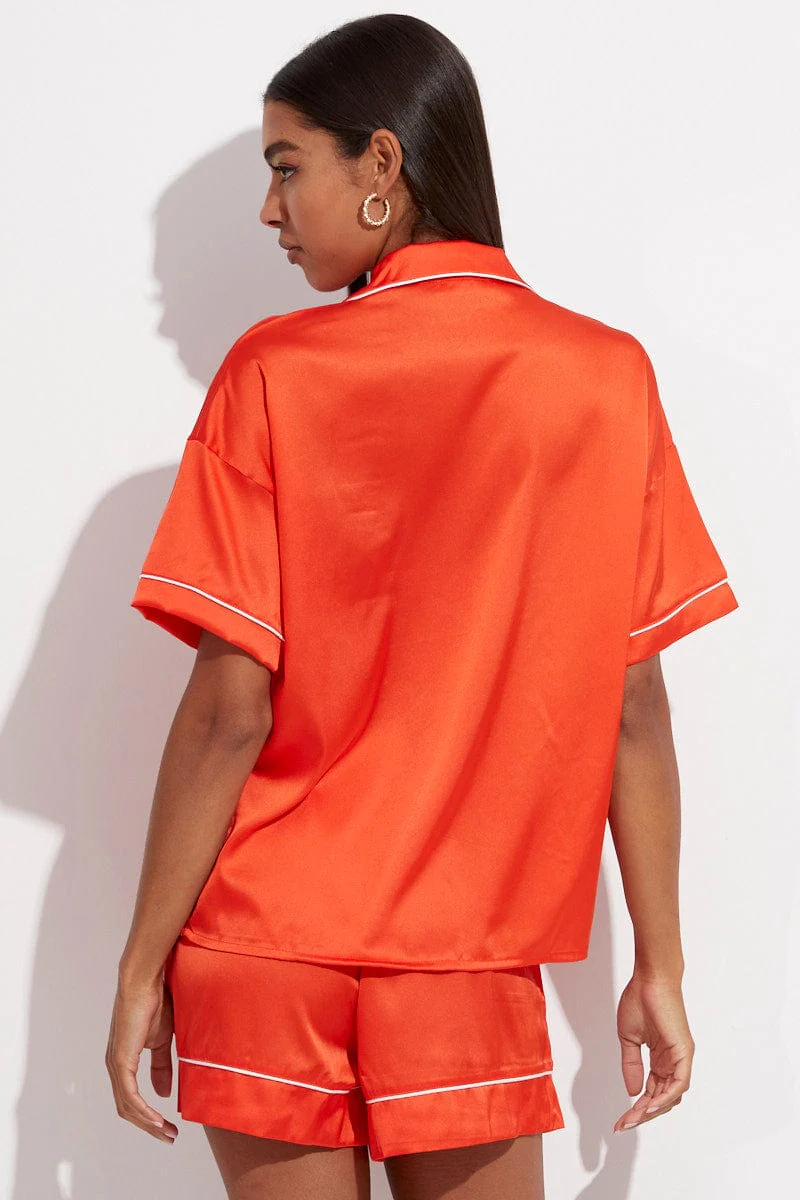 Orange Satin Pj Contrast Piping Button Through Pyjama Set - Image 5