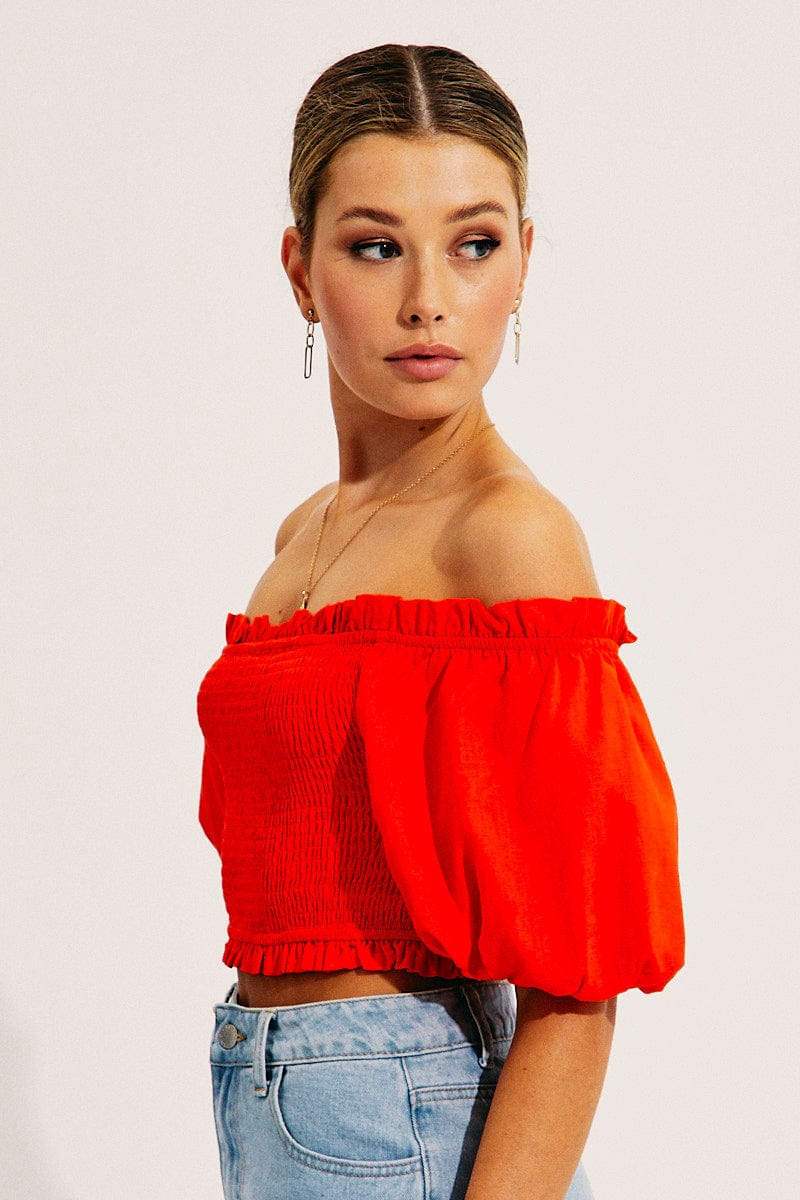 Orange Shirred Top Volume Short Sleeve Crop Linen Blend - Image 3
