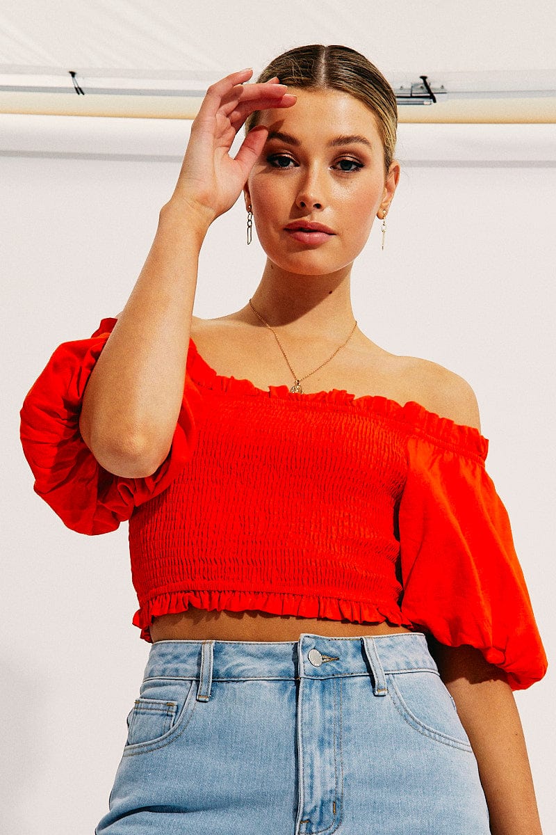 Orange Shirred Top Volume Short Sleeve Crop Linen Blend - Image 4