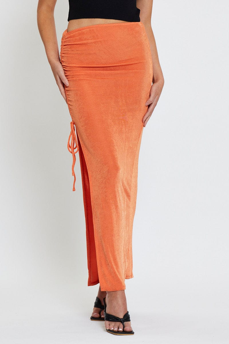 Orange Slinky Jersey Front Slit Pencil Midi Skirt - Image 2