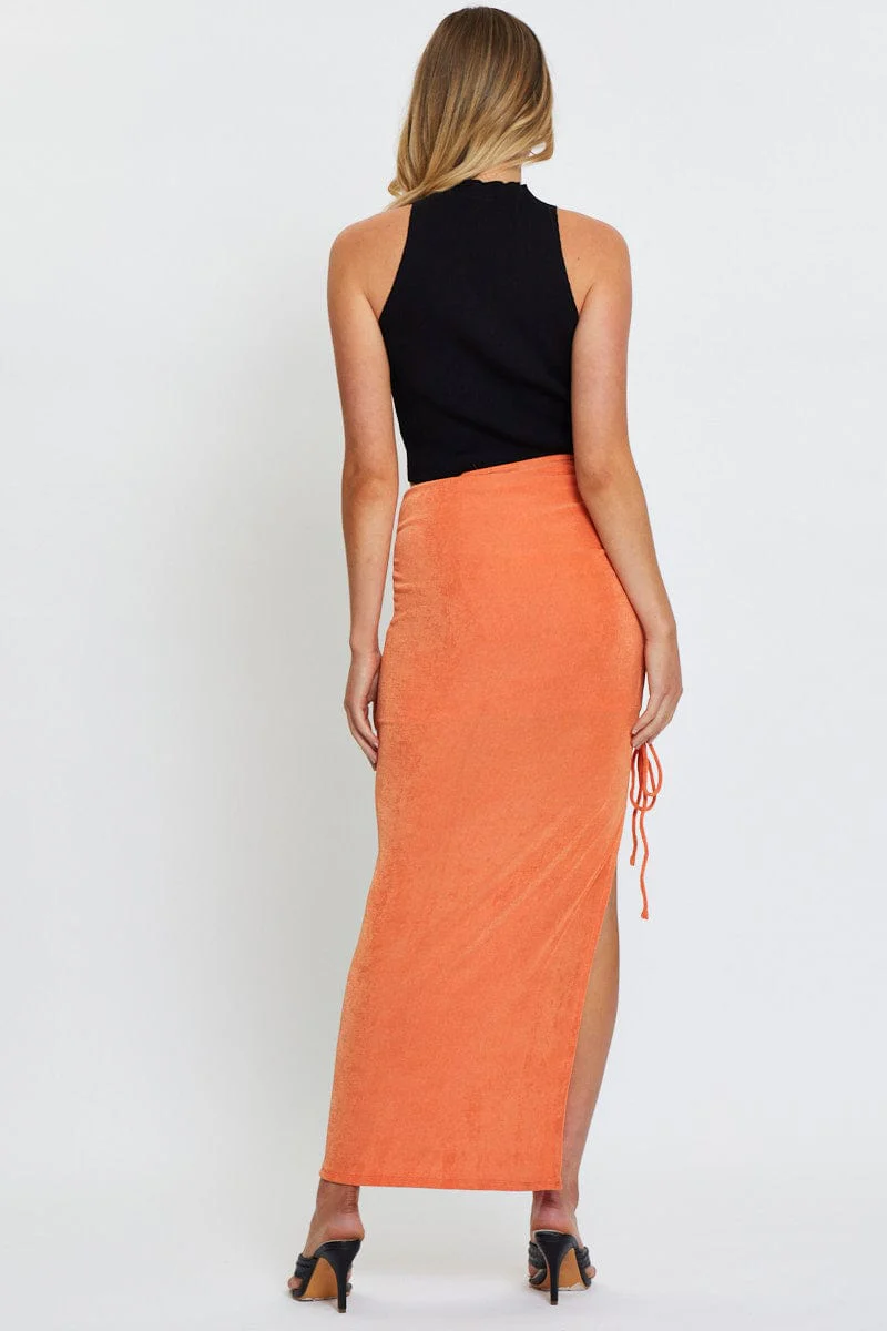 Orange Slinky Jersey Front Slit Pencil Midi Skirt - Image 5