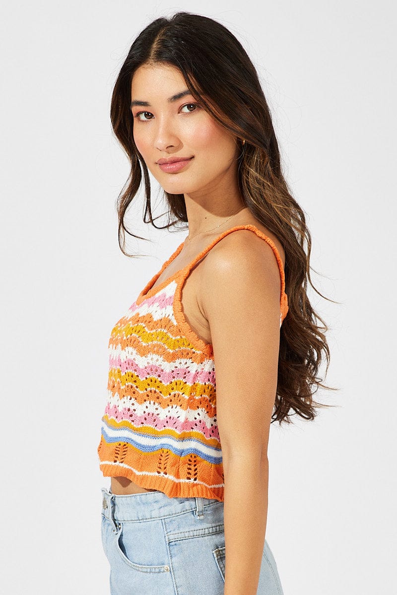 Orange Stripe Knit Singlet Sleeveless Scoop Neck Crochet - Image 4