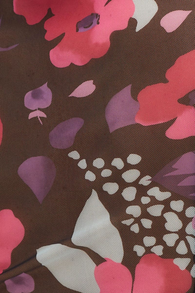 Pink Abstract Floral Print Mesh Short Sleeve Top - Image 6