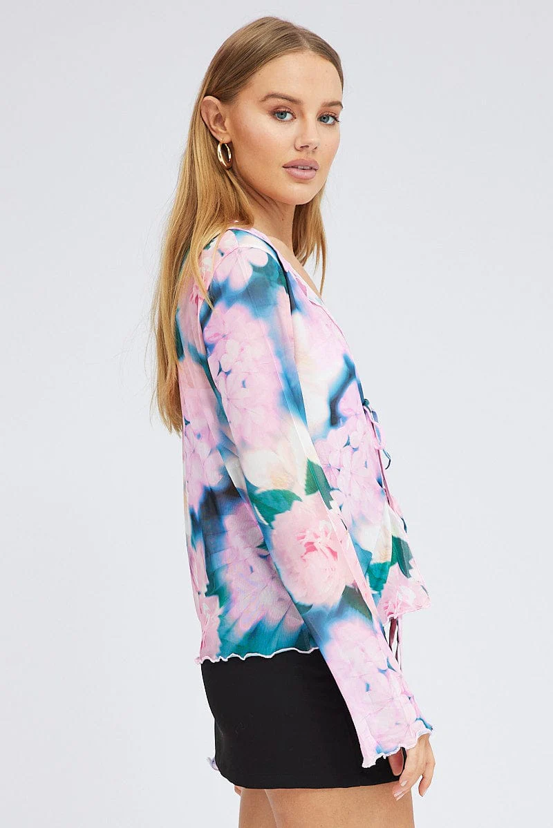Pink Abstract Mesh Cardigan Long Sleeve - Image 4