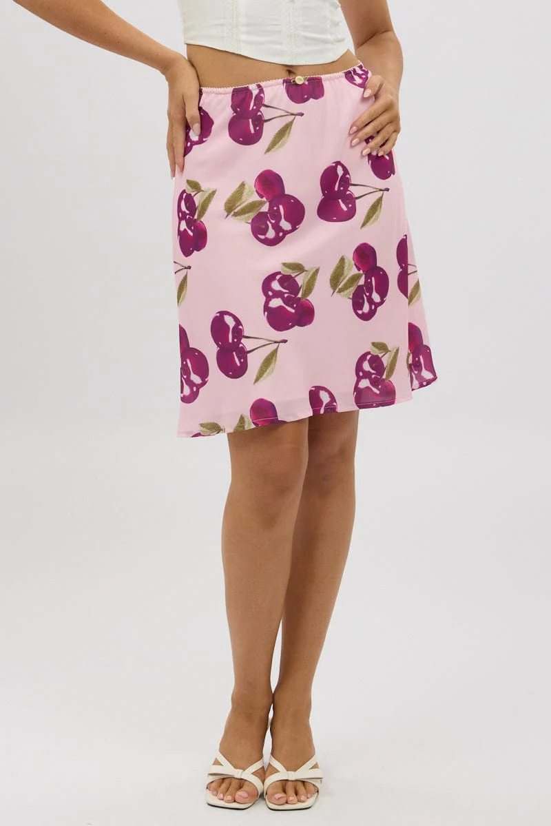 Pink Abstract Picot Trim Midi Skirt Chiffon Lined - Image 3