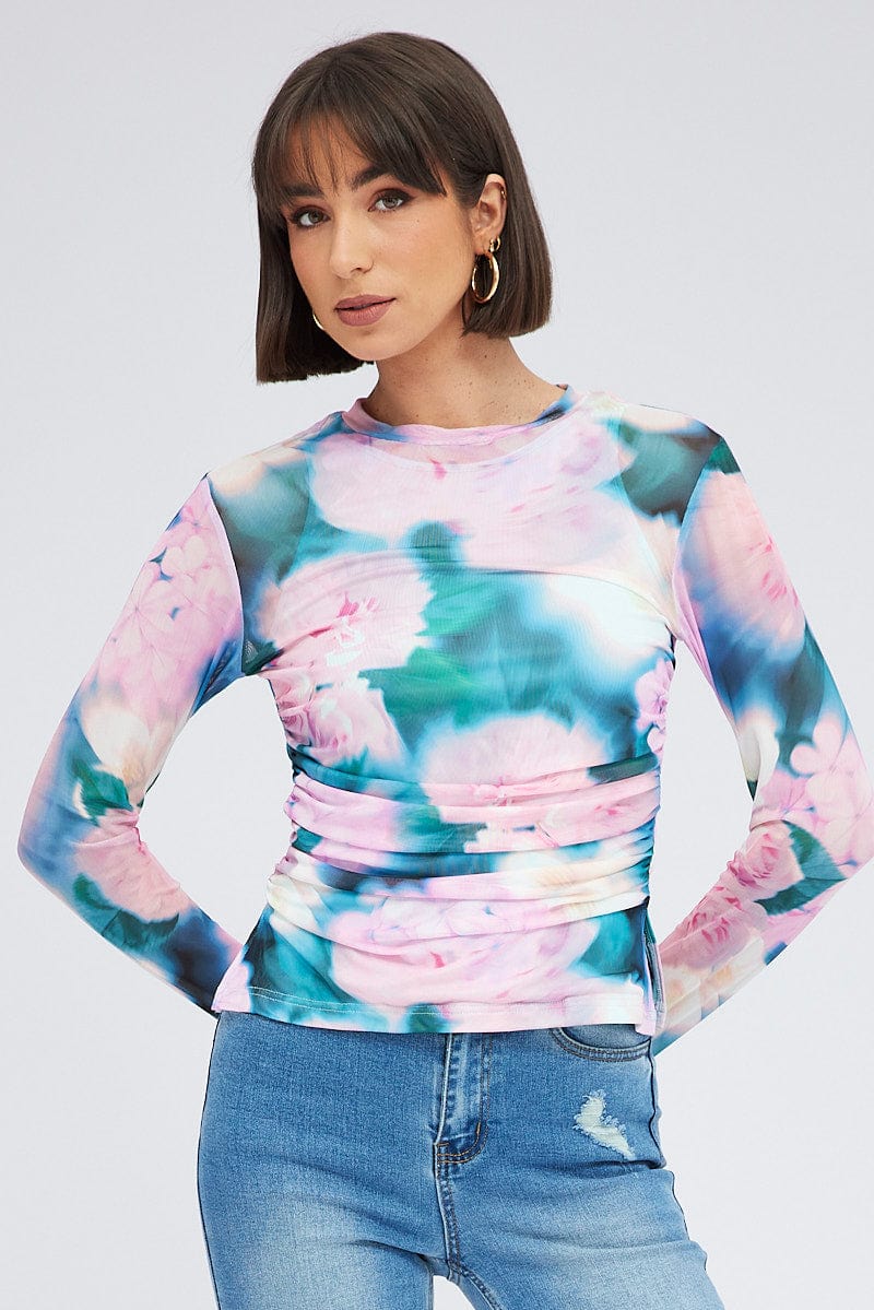 Pink Abstract Top Long Sleeve Crew Neck Longline Ruched Mesh - Image 3