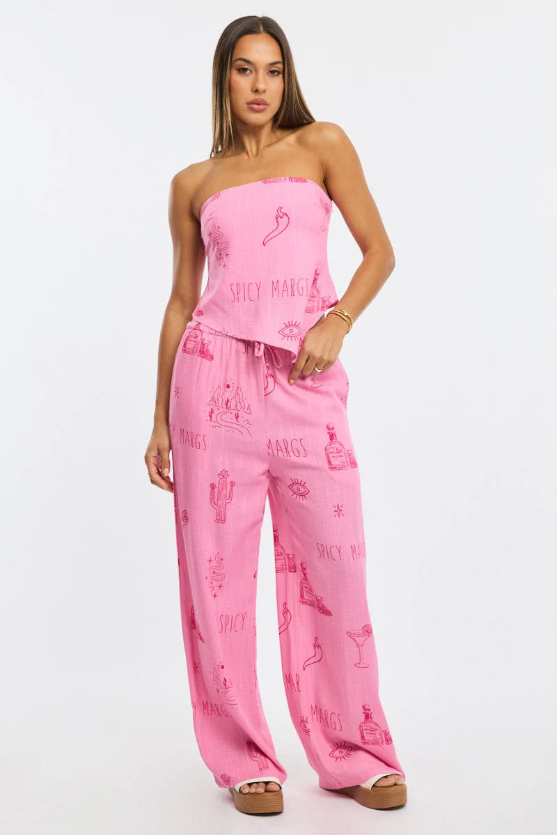 Pink Abstract Wide Leg Pants Elasticated Waist