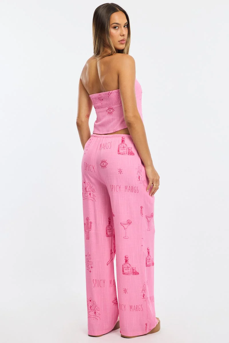 Pink Abstract Wide Leg Pants Elasticated Waist - Image 5