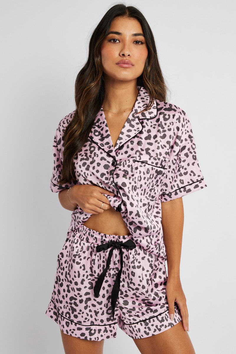 Pink Animal Print Pyjama Set Satin Short Sleeve Black Piping PJ - Image 3