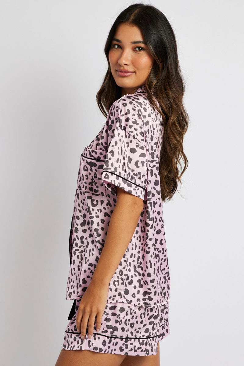 Pink Animal Print Pyjama Set Satin Short Sleeve Black Piping PJ - Image 4