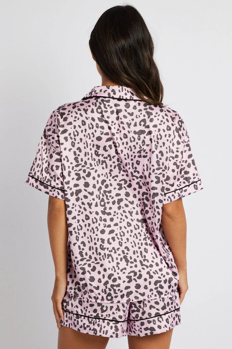 Pink Animal Print Pyjama Set Satin Short Sleeve Black Piping PJ - Image 5