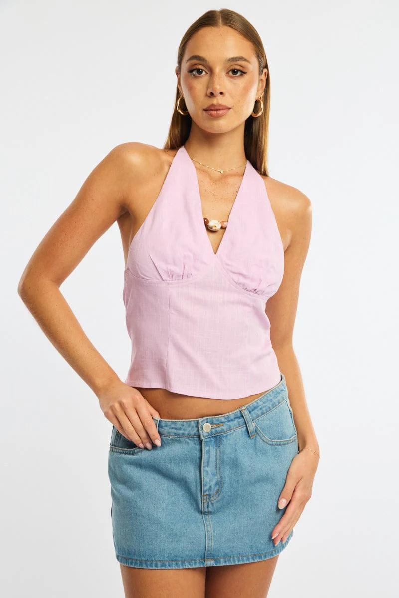 Pink Beaded Halter Top Sleeveless Linen Blend