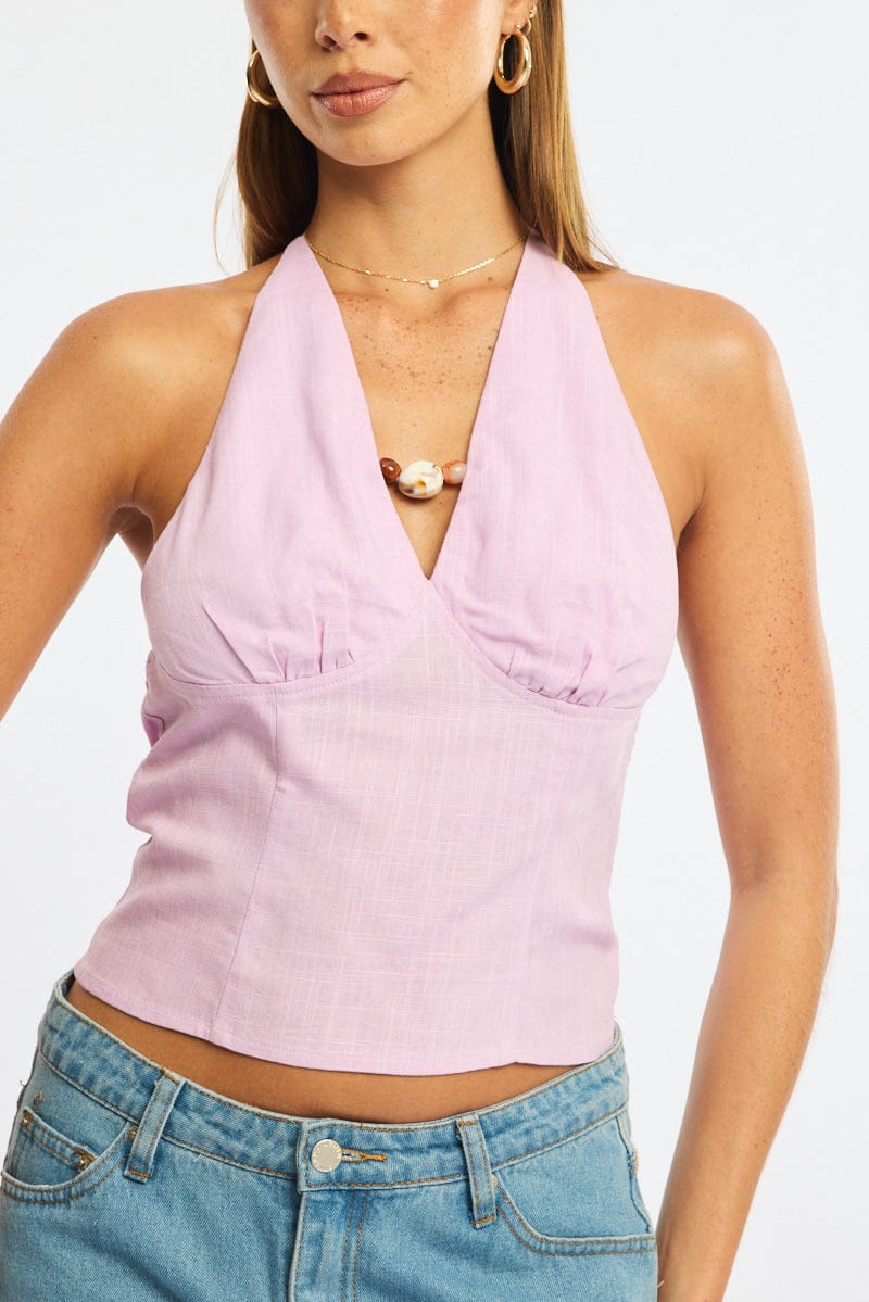 Pink Beaded Halter Top Sleeveless Linen Blend - Image 5