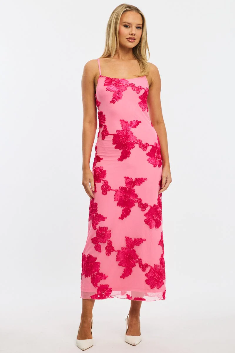Pink Bodycon Dress Embroidered Mesh - Image 2