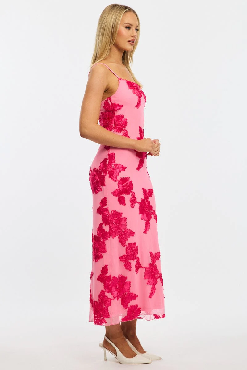 Pink Bodycon Dress Embroidered Mesh - Image 4