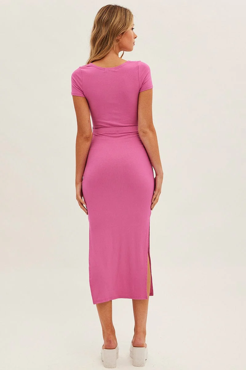 Pink Bodycon Dress Rib Twist Front Cut Out Short Sleeve - Image 5