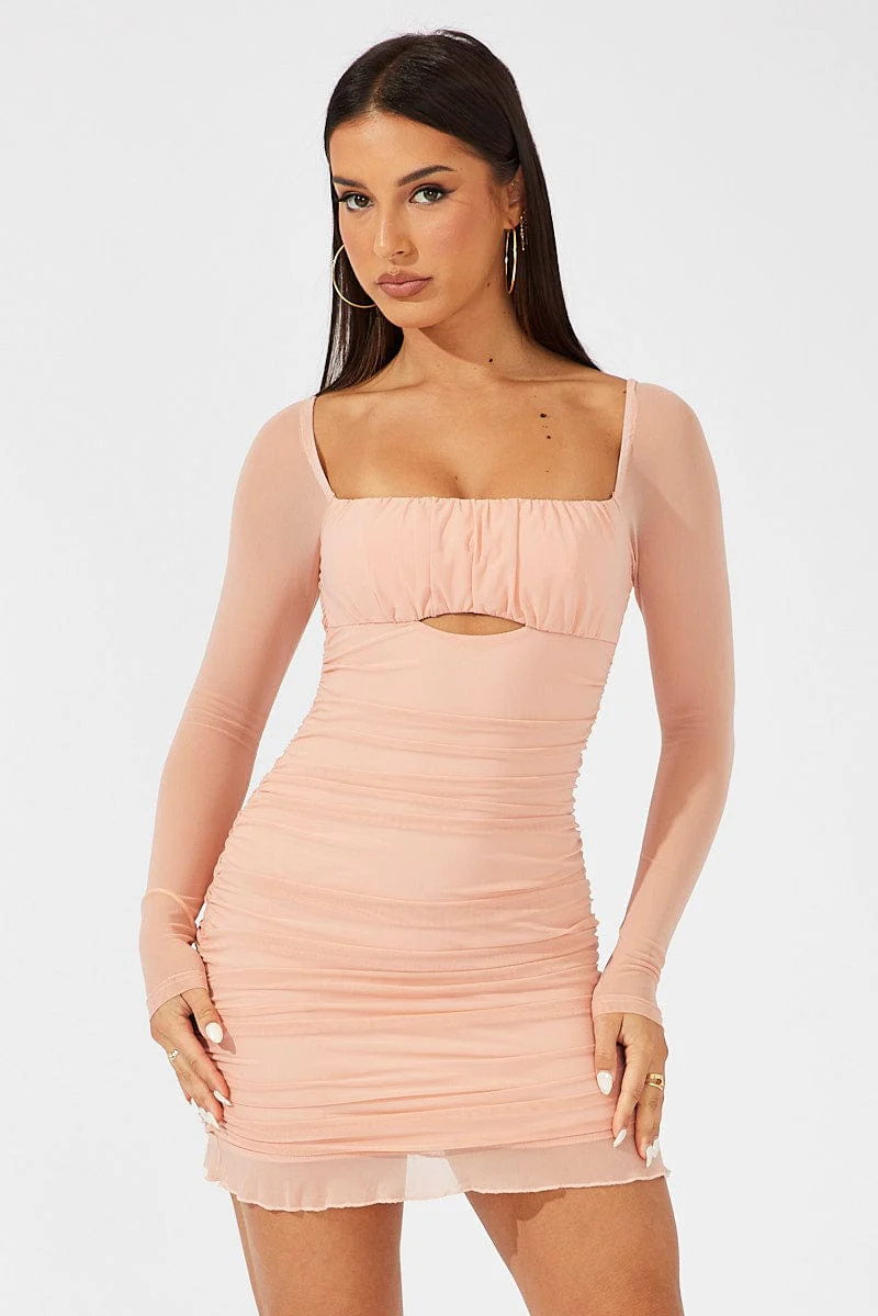 Pink Bodycon Dress Ruched Mesh - Image 3