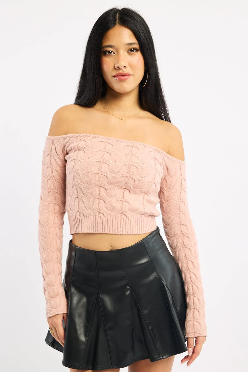 Pink Cable Knit Top Long Sleeve Off Shoulder - Image 2