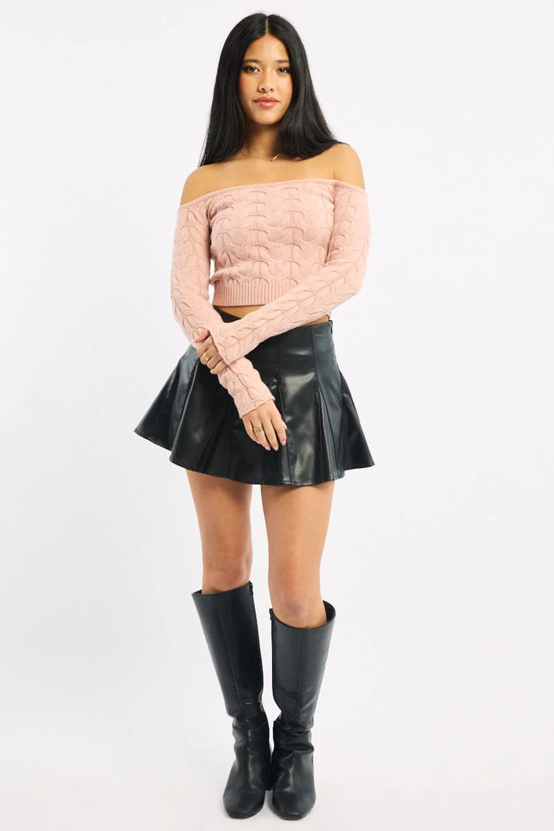 Pink Cable Knit Top Long Sleeve Off Shoulder - Image 3