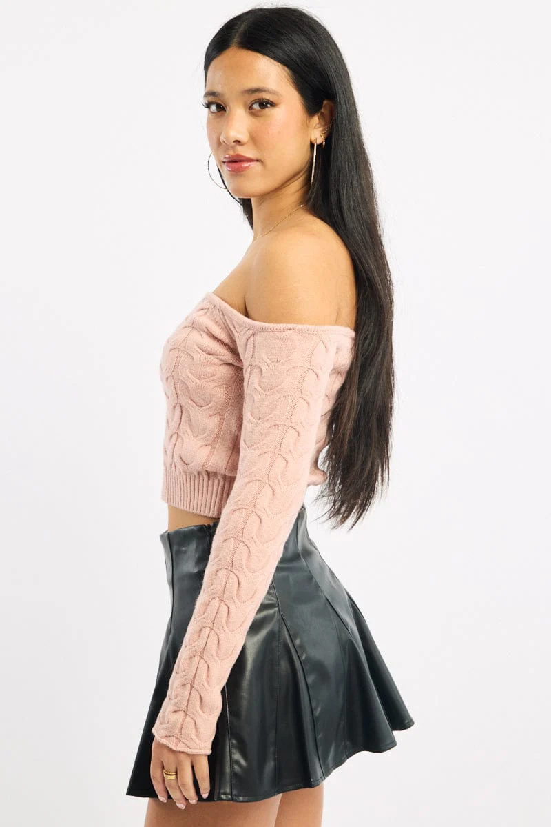 Pink Cable Knit Top Long Sleeve Off Shoulder - Image 4
