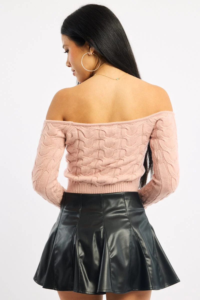 Pink Cable Knit Top Long Sleeve Off Shoulder - Image 5
