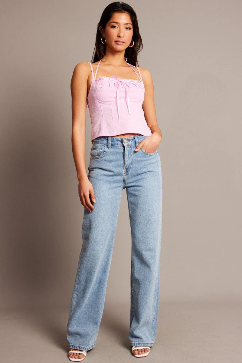 Pink Cami Top Sleeveless Ruched Ribbon - Image 3