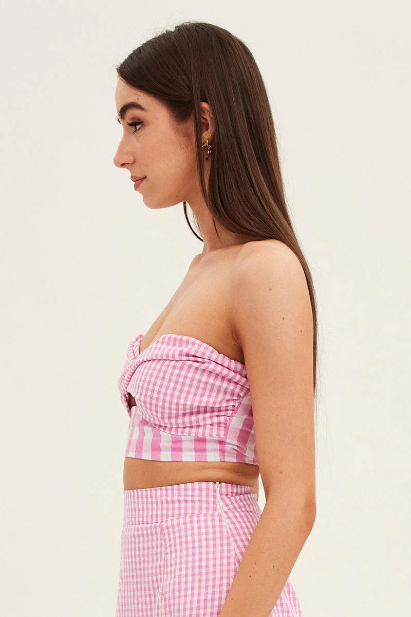 Pink Check Bandeau Twist Front Sleeveless Crop - Image 4