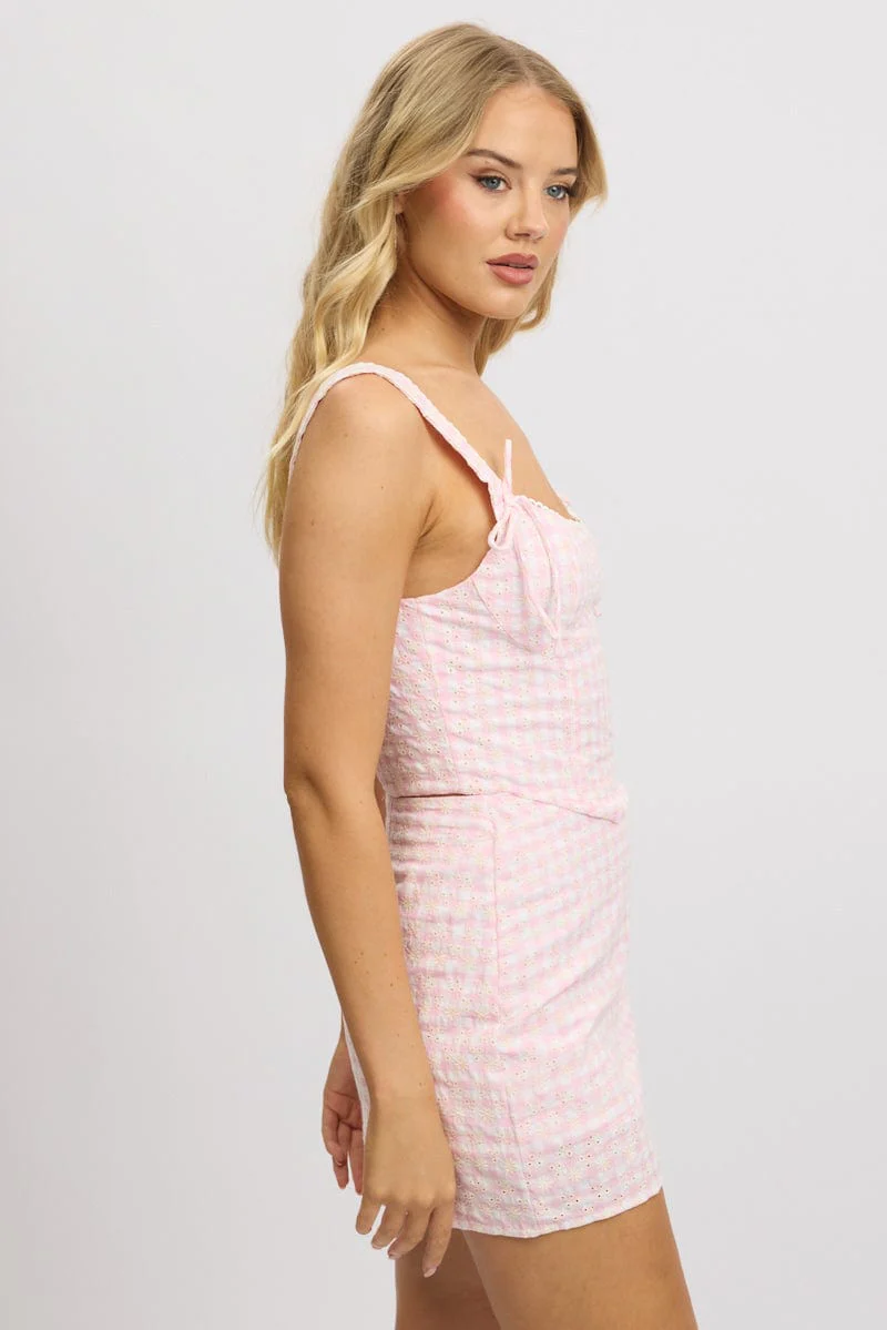 Pink Check Crop Top Sleeveless Corset Broderie - Image 4