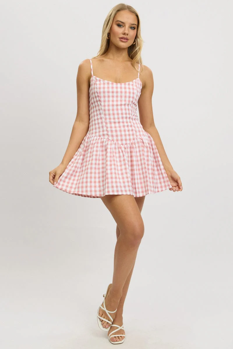Pink Check Fit And Flare Dress Mini - Image 2