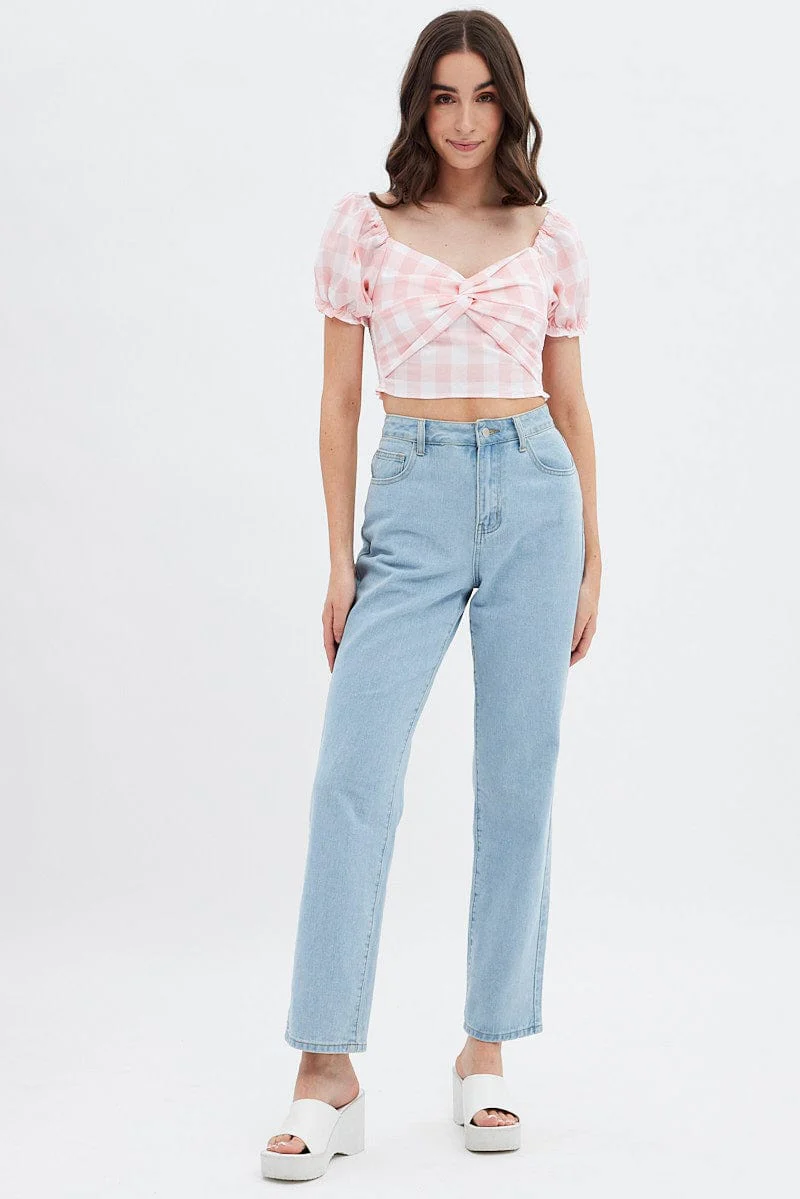 Pink Check Gingham Twist Front Crop Top - Image 2