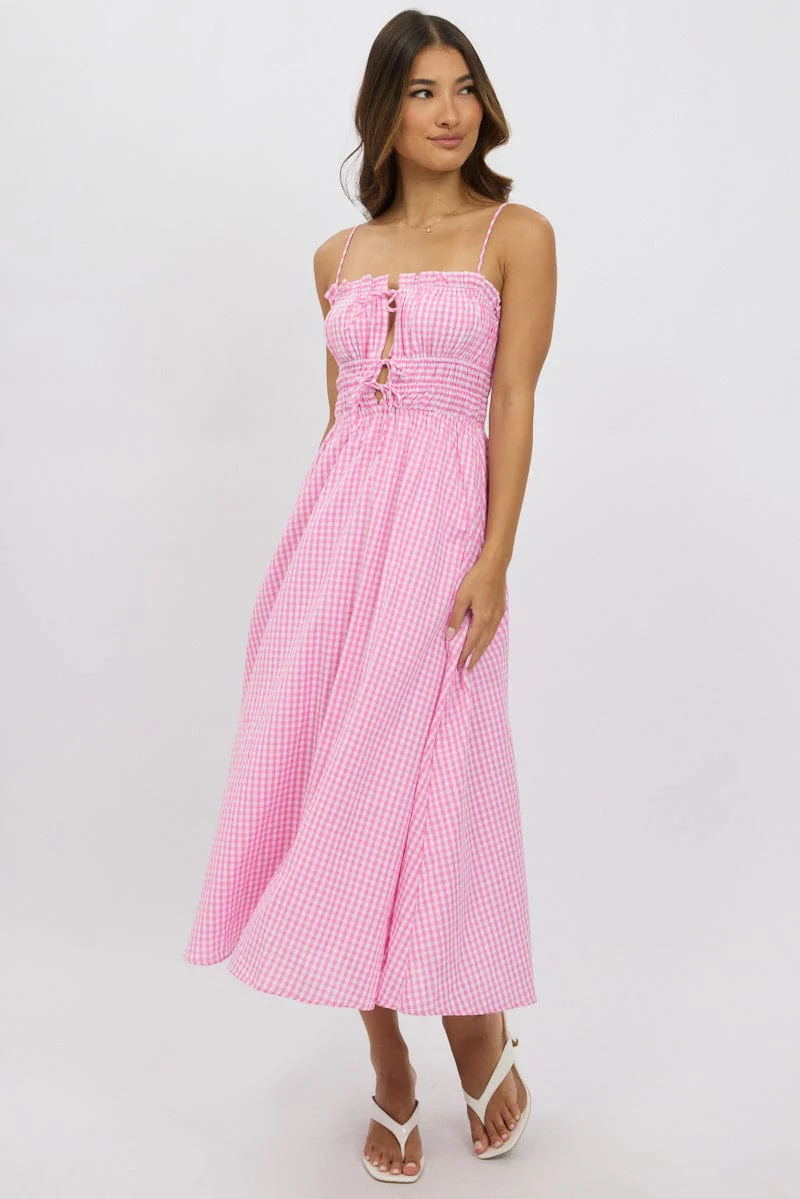 Pink Check Midi Dress Ribbon Detail Strappy - Image 2
