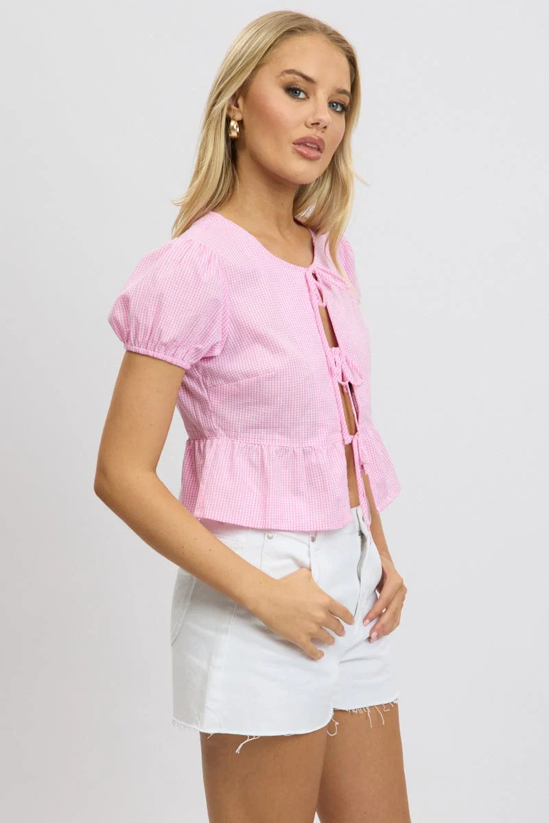 Pink Check Tie Front Top Puff Sleeve - Image 4