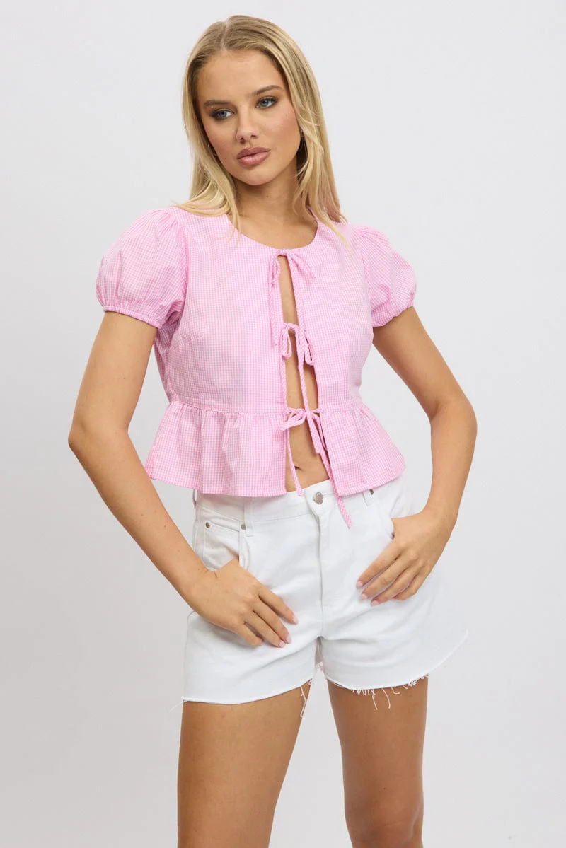 Pink Check Tie Front Top Puff Sleeve - Image 6