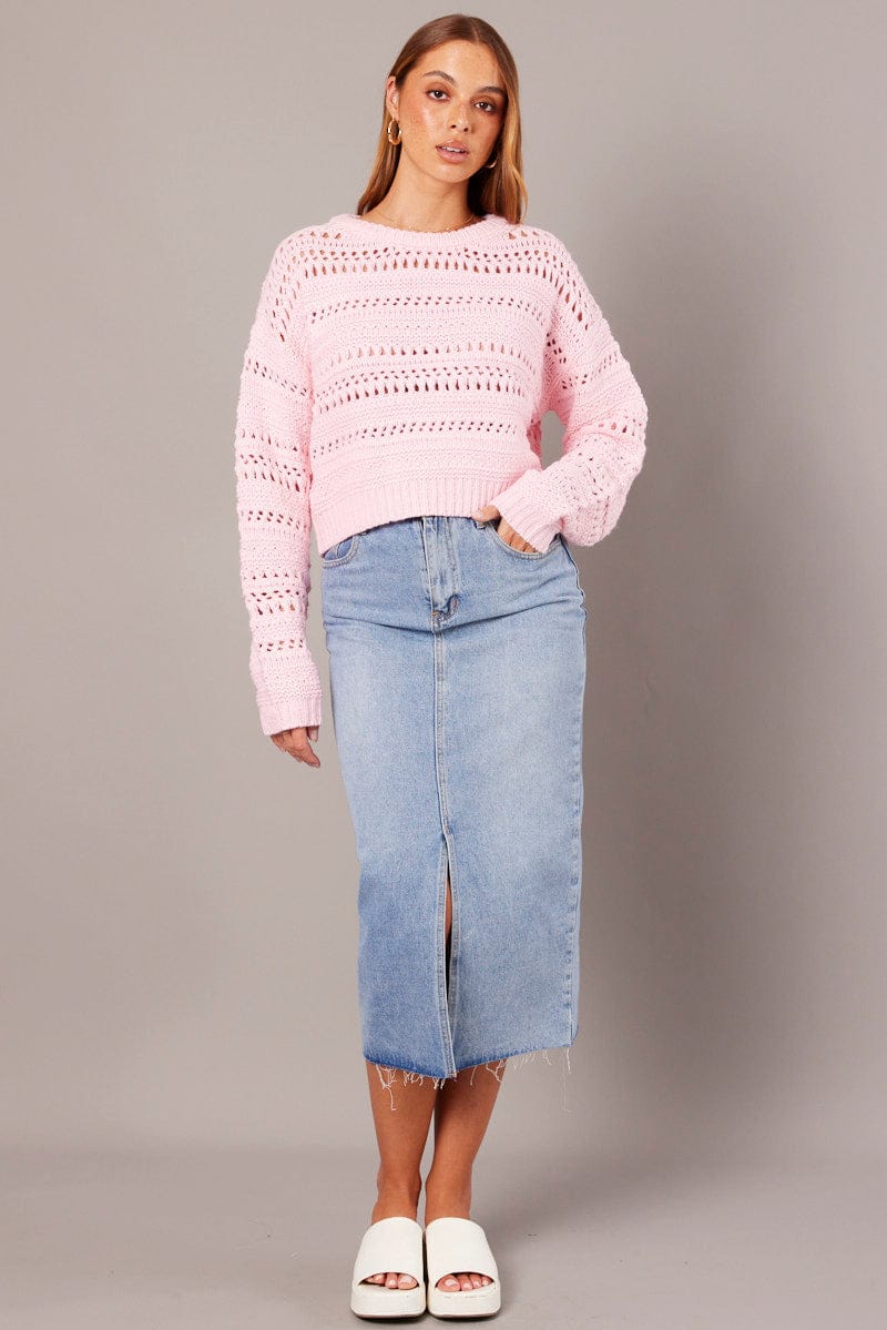 Pink Crochet Jumper Long Sleeve Crew Neck - Image 2