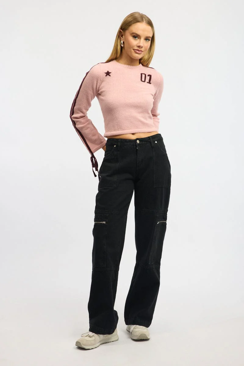 Pink Crop Knit Top Long Sleeve Varsity Contrast Trim - Image 2
