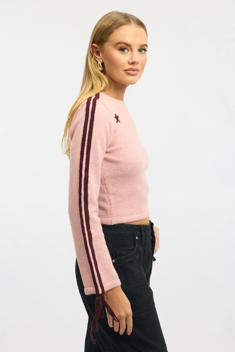 Pink Crop Knit Top Long Sleeve Varsity Contrast Trim - Image 3