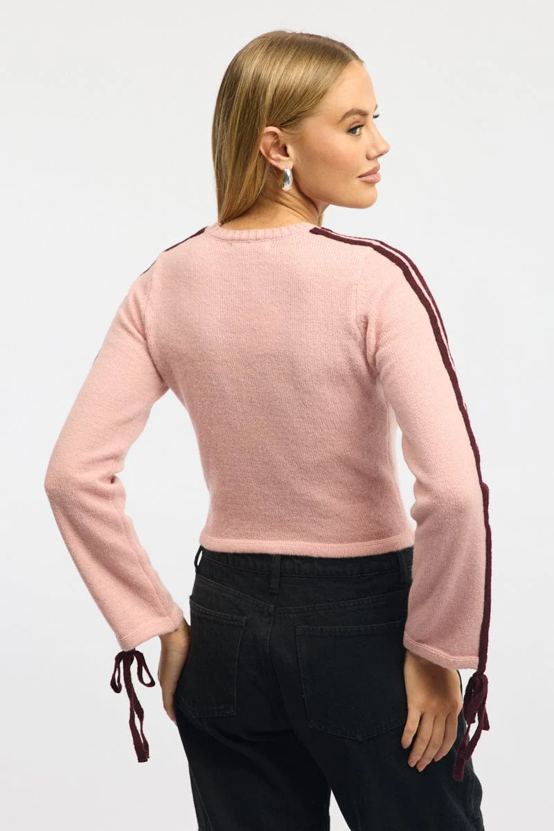 Pink Crop Knit Top Long Sleeve Varsity Contrast Trim - Image 4